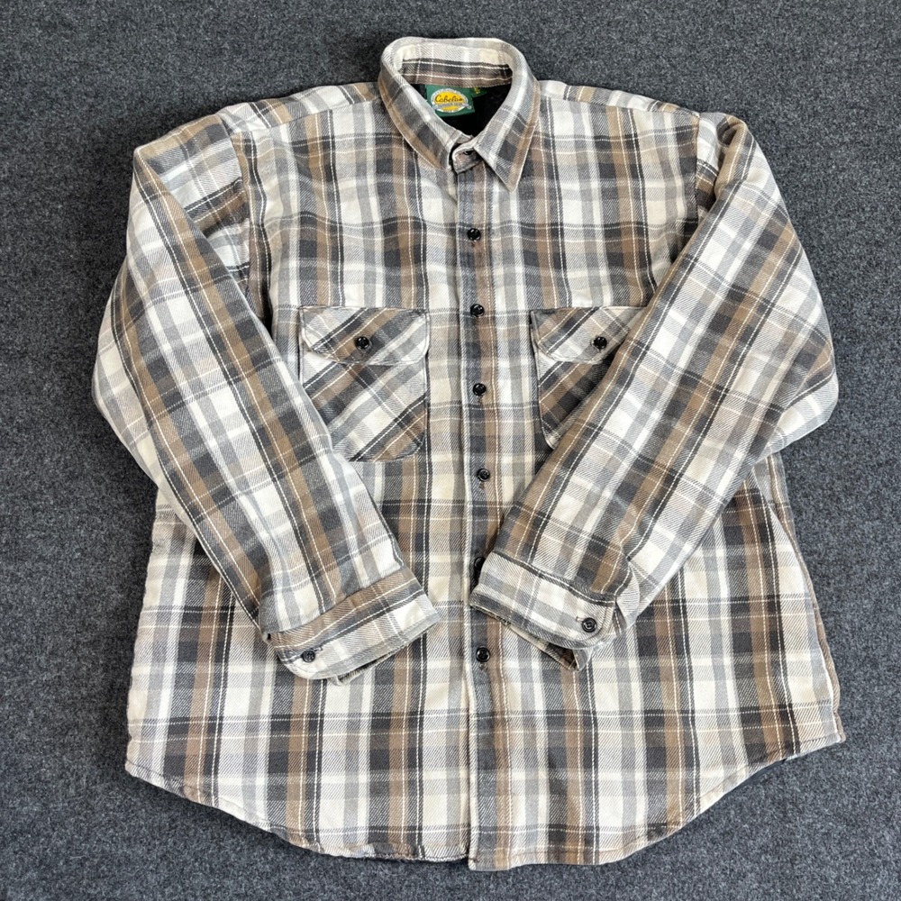 Cabelas Mens Quilted Lined Flannel Shacket Plaid Brown Grey L Made in USA